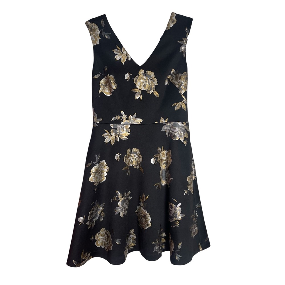 White House Black Market Scuba Floral FNF Dress Luna‎ Flora Gold w Black Size 6